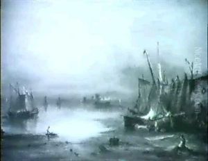 A Coastal Landscape With Beached Fishing Boats With Fishermen Tending Nets On The Shore by Richard Parkes Bonington