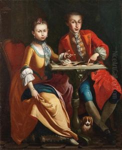 Portrait Of A Two Noble Children, Full-length, Seated At A Table Playing Draughts