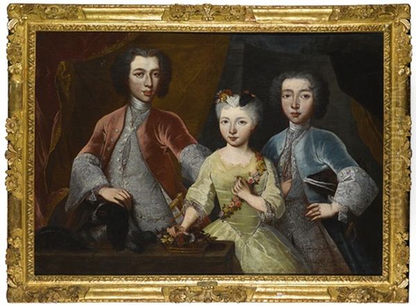 Two Gentlemen And A Lady With A Spaniel, Standing In An Interior, Before A Red Curtain - view 1