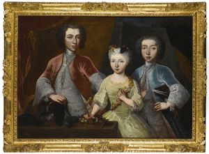 Two Gentlemen And A Lady With A Spaniel, Standing In An Interior, Before A Red Curtain