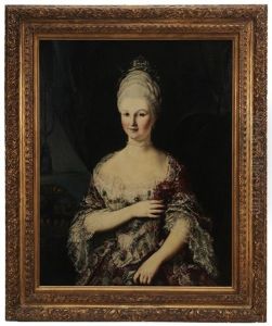 Portrait Of A Noblewoman, Wearing A Brocaded Lace And Silk Gown With Matching Headress And Holding A Dianthus