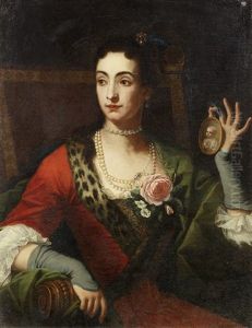 Portrait Of A Lady, Half-length, In A Red Fur-trimmed Dress And A Pearl Necklace, Seated, Holding A Miniature Of An Infant by Giuseppe Bonito