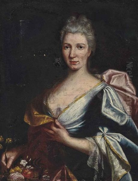 Portrait Of A Lady, Half-length, In An Oyster Satin Dress And A Pink Wrap - view 1