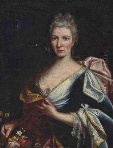 Portrait Of A Lady, Half-length, In An Oyster Satin Dress And A Pink Wrap