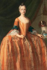 Portrait Of The Infanta Maria Josefa De Borbon, Holding A Cup Of Chocolate, A Dog On The Table Beside Her