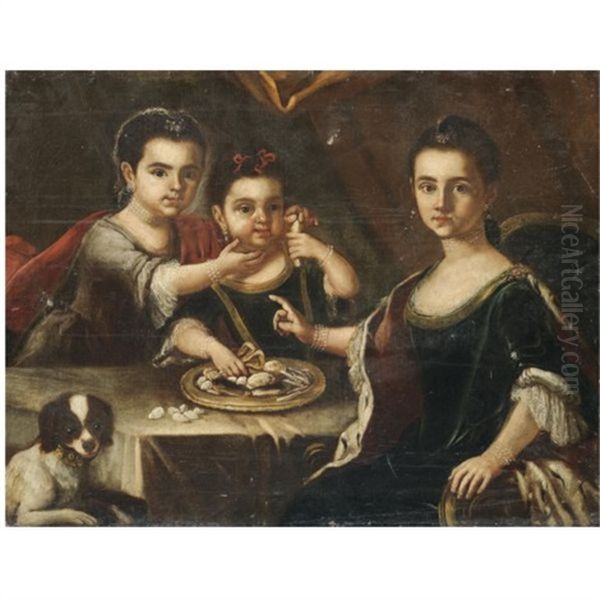 Portrait Of Three Elegantly Dressed Children Eating Sweetmeats At A Table With A Dog - view 1