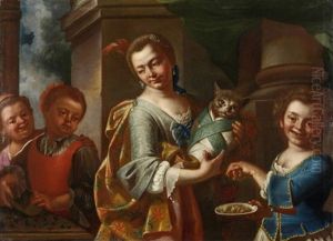 Groteske - Vornehme Dame Mit Einer Katze Auf Dem Arm, Die Wie Ein Wickelkind Gebundenen Ist, Neben Ihr Drei Kinder Mit Fratzenhaften Gesichtern by Giuseppe Bonito