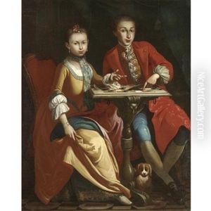 Portrait Of A Pair Of Noble Children, Full Length, Seated At A Table Playing Draughts, A Small Dog Seated Below by Giuseppe Bonito