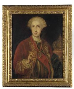 Portrait Of King Carlo Vii Of Naples, Subsequently King Carlos Iii Of Spain, In A Red Coat With Gold Trimmings Over A Breastplate, Wearing The Order Of The Golden Fleece, His Crown Beside Him by Giuseppe Bonito