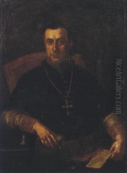 Ritratto Di Andrea Cardamone, Arcivescovo Di Rossano Calabro, Su Una Sedia, Con Un Breviario Nella Mano Destra E Una Lettera A Sinistra - view 1