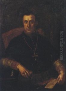 Ritratto Di Andrea Cardamone, Arcivescovo Di Rossano Calabro, Su Una Sedia, Con Un Breviario Nella Mano Destra E Una Lettera A Sinistra