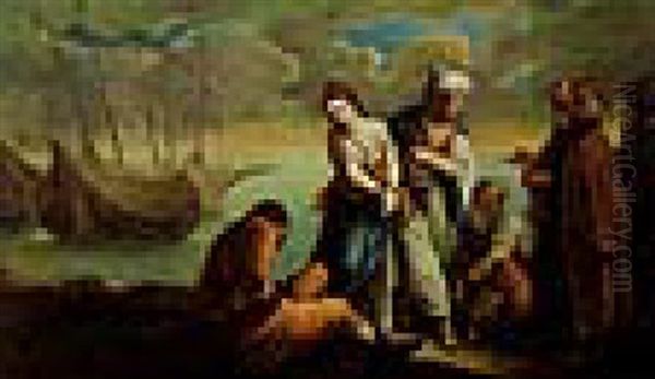 Drei Gefangene Christen, Darunter Eine Junge Frau, Werden An Einen Turkischen Pascha Verkauft, Im Hintergrund Piratenschiffe - view 1