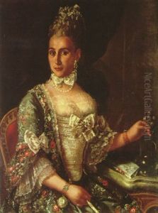 Portrait Of A Lady Seated In An Interior Wearing A Blue Silk Dress With Lace, Decoration In Her Hair, Holding Flowers In Her Left Hand by Giuseppe Bonito