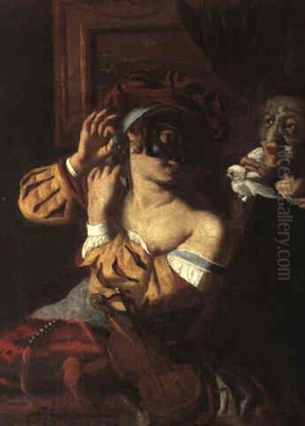Allegory With A Lady And Companion In Masquerade Costume - view 1
