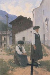 Zwei Frauen Auf Dem Friedhof Von Evolene
