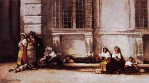 Neapolitan Peasants In Front Of The Farnese Palace, Rome by Leon Bonnat
