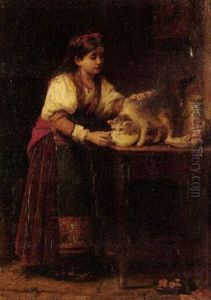 A Young Girl Feeding Her Cat by Leon Bonnat