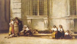 Neopolitan Peasants In Front Of The Farnese Palace, Rome by Leon Bonnat