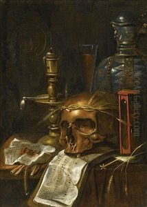 A Vanitas Still Life With A Candle, A Skull, An Hourglass, A Flagon And A Glass, On A Wooden Table by Sebastien Bonnecroy