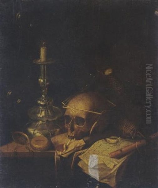 A Vanitas Still Life With A Skull, A Watch, A Candlestick, A Letter, A Music Score, A Flute And A Bottle, Together With Bubbles, All On A Wooden Ledge - view 1