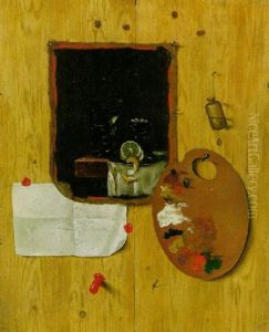 Leinwandgemalde Mit Skizze, Malpalette Und Flaschchen Mit Losungsmittel An Einer Holzwand