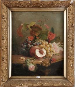 Nature Morte Aux Fleurs Et Aux Fruits Sur Un Entablement
