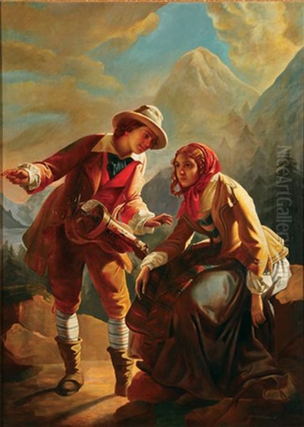 A Hurdy Gurdy Player With A Young Woman In An Alpine Lake Landscape - view 1