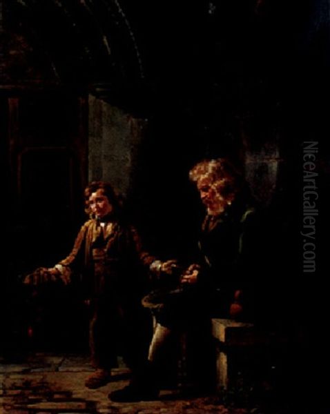 A Blind Man Seated And A Boy Begging Outside A Church - view 1