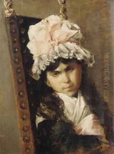 Portrait Of A Girl, Seated, In A Black Dress And White Bonnet With A Pink Ribbon