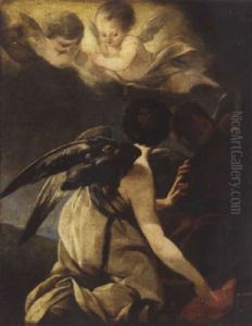 Angels Kneeling Near A Book And A Cardinal's Hat, Two Putti Bearing A Martyr's Palm Above