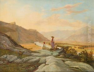 Weite Tallandschaft Mit Fluss Und Hirten by Abraham Sigmund A. von Bonstetten