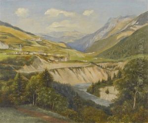 Berglandschaft Mit Dorf Und Fluss by Abraham Sigmund A. von Bonstetten