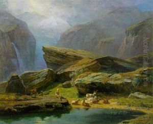 Hirte Mit Ziegen Am Bergsee by Abraham Sigmund A. von Bonstetten