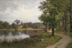 Landschaft Mit Einem Weiher Und Figurlicher Staffage by Paula Bonte