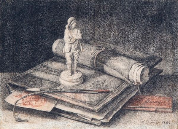 A Still Life With A Portfolio Of Drawings And A Little Sculpture On Top - view 1