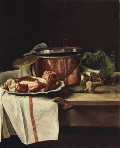 Still Life With Cabbage, Leeks, Garlic And Beef By A Copper Pot - view 1