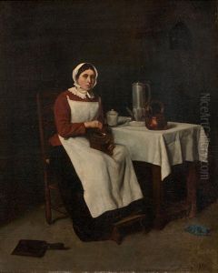 Interieur De Cuisine Avec Jeune Femme Moulant Du Cafe