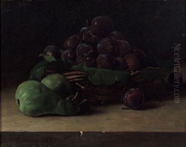 Panier De Prunes Et Poires Sur Un Entablement De Pierre - view 1