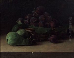 Panier De Prunes Et Poires Sur Un Entablement De Pierre