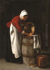A Woman Washing A Copper Pan