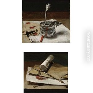 Still Life Of An Inkwell With A Quill, A Seal And Red Lacquer (+ A Portefeuille With Documents And A Crayon Holder; Pair)