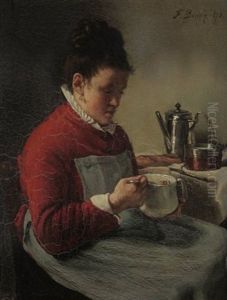 Frau Tunkt In Einem Glas Ein Stuck Brot