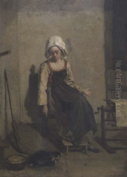 Jeune-fille Au Chat Et A L'echevau - view 1