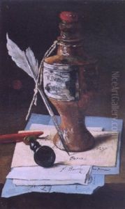 Inkstand, Plume And Letters by Francois Bonvin