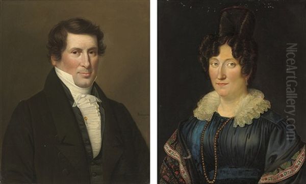 Portrait Of A Gentleman In A Black Coat And White Shirt With A Gold Pin (+ Portrait Of A Lady In A Blue Dress; Pair) - view 1