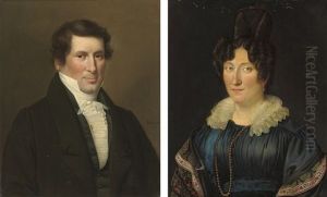 Portrait Of A Gentleman In A Black Coat And White Shirt With A Gold Pin (+ Portrait Of A Lady In A Blue Dress; Pair) by Benoist Benjamin Bonvoisin