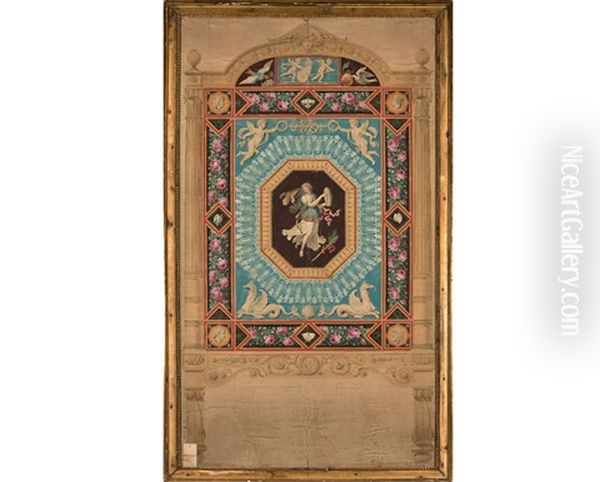Exceptionnel Projet De Broderie D"ecran De Foyer Realise A La Taille, Orne D"une Gouache Polychrome Pour La Feuille - view 1