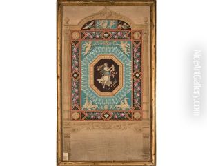 Exceptionnel Projet De Broderie D"ecran De Foyer Realise A La Taille, Orne D"une Gouache Polychrome Pour La Feuille