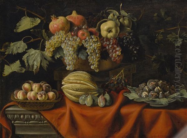 Still Life With Grapes, Peaches, Pomegranates, Apples, Melon And Figs, All On A Marble Ledge by Pietro Paolo Bonzi