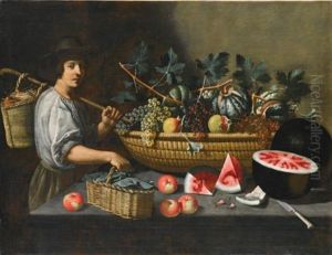 A Still Life Of Grapes, Melons And Pomegranates On A Stone Ledge With A Figure Carrying A Basket On The Left